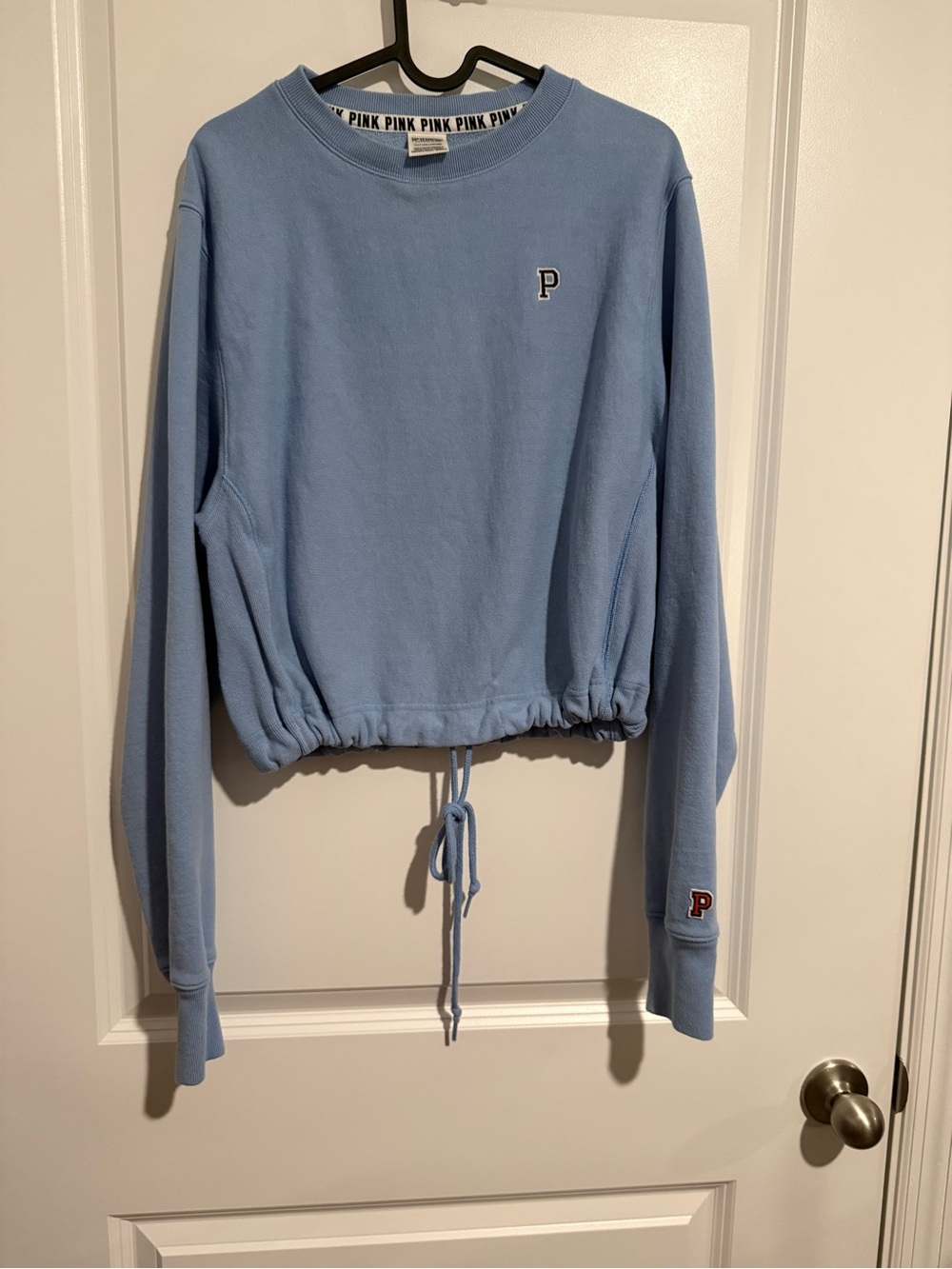 PINK Victoria's Secret Light Blue Cropped Crewneck with Drawstring